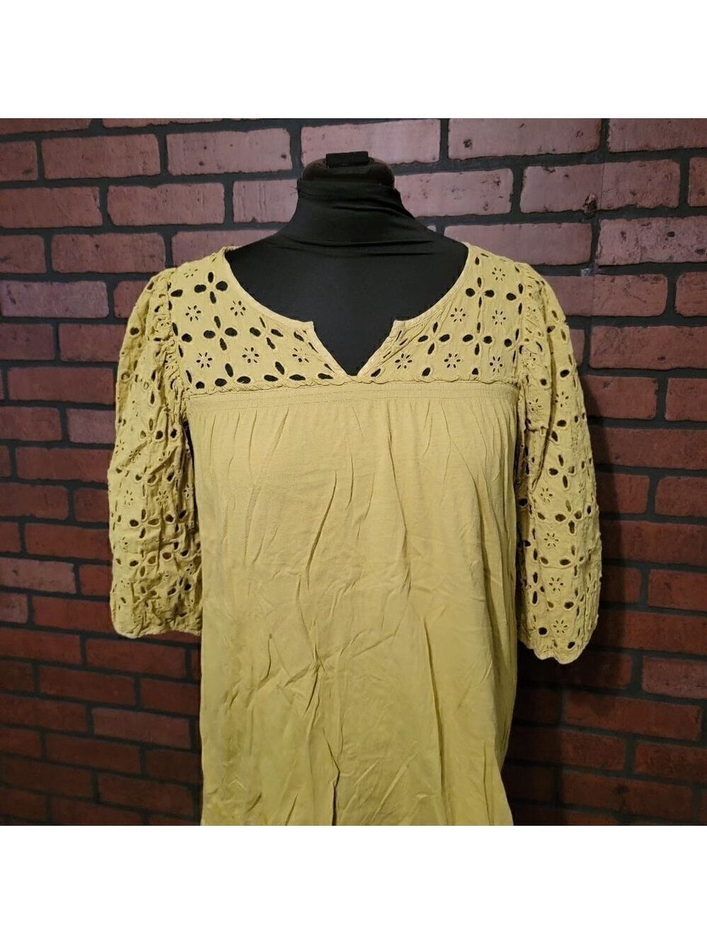 V Cristina Blouse  Size Large. Olive green -embroidered cut out design